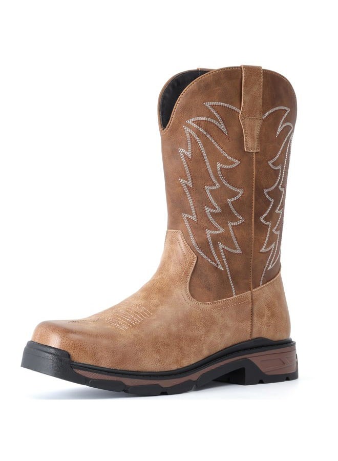 ANGRYRAM Cowboy Work Boots for Men Square Toe Leather Western Boot Slip Resistant Indestructable Steel Toe Safety Boots for Men Work-Man Pro Series, Light Brown, 11 - Image 1