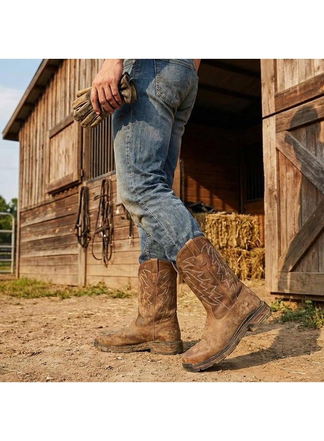 ANGRYRAM Cowboy Work Boots for Men Square Toe Leather Western Boot Slip Resistant Indestructable Steel Toe Safety Boots for Men Work-Man Pro Series, Light Brown, 11 - Image 3