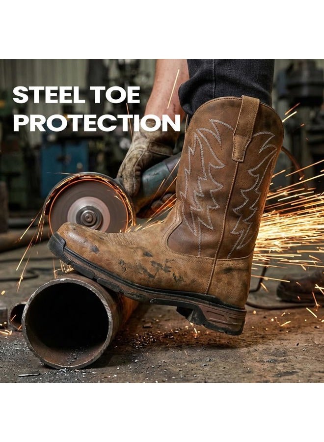 ANGRYRAM Cowboy Work Boots for Men Square Toe Leather Western Boot Slip Resistant Indestructable Steel Toe Safety Boots for Men Work-Man Pro Series, Light Brown, 11 - Image 4