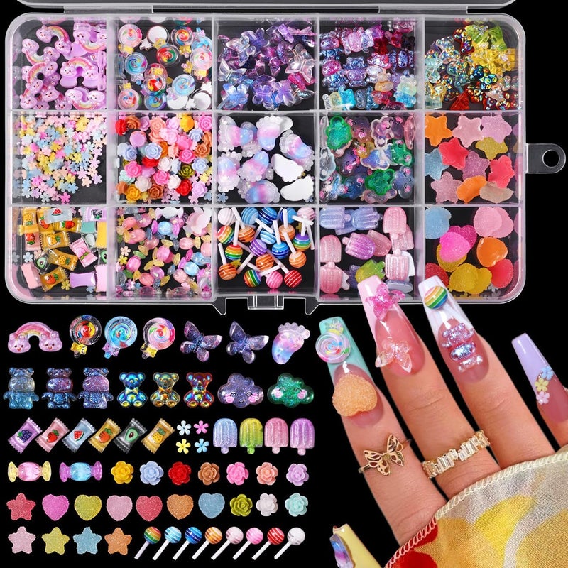 3D Mix Assorted Color Acrylic Multi Cute Nail Art Charms Hollow Candy Jewelry Supplies for Nail Art Design DIY Crafts Accessories Multicolor