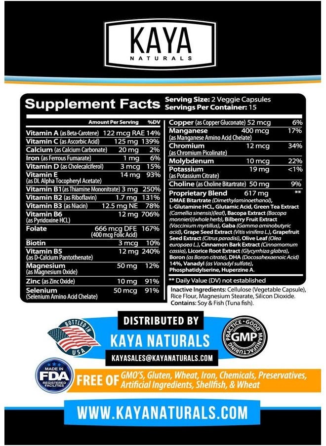 Kaya Naturals - Neuro Brain & Focus Supplement Neurofactor & B Vitamins Nootropic Brain Support For Memory Focus & Concentration & Learning Accuracy Cognitive Function 30 Count - Image 1