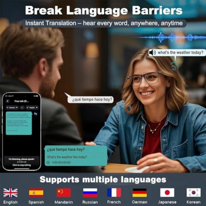 نظارات الذكاء الاصطناعي الذكية، نظارات ترجمة بلوتوث، عدسات متعددة اللغات لتغيير اللون، تشغيل الموسيقى، مكالمات بدون استخدام اليدين، حماية من الأشعة فوق البنفسجية والضوء الأزرق للسفر والاجتماعات - Image 2