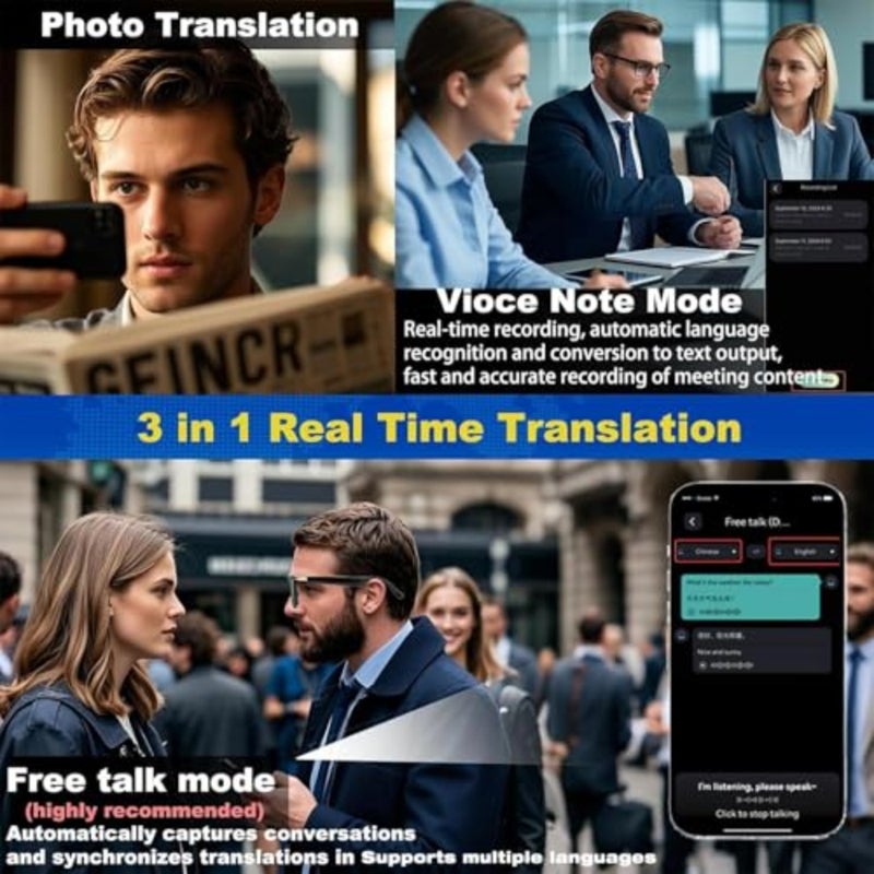نظارات الذكاء الاصطناعي الذكية، نظارات ترجمة بلوتوث، عدسات متعددة اللغات لتغيير اللون، تشغيل الموسيقى، مكالمات بدون استخدام اليدين، حماية من الأشعة فوق البنفسجية والضوء الأزرق للسفر والاجتماعات - Image 3