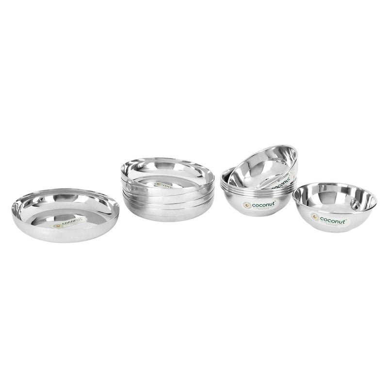 Coconut Stainless Steel Combo C31 Bowl/Vati & H1 Regular Halwa Plate, Desert Bowls and Serving Plates - Pack of 12 (6 Pc Each) - Image 2