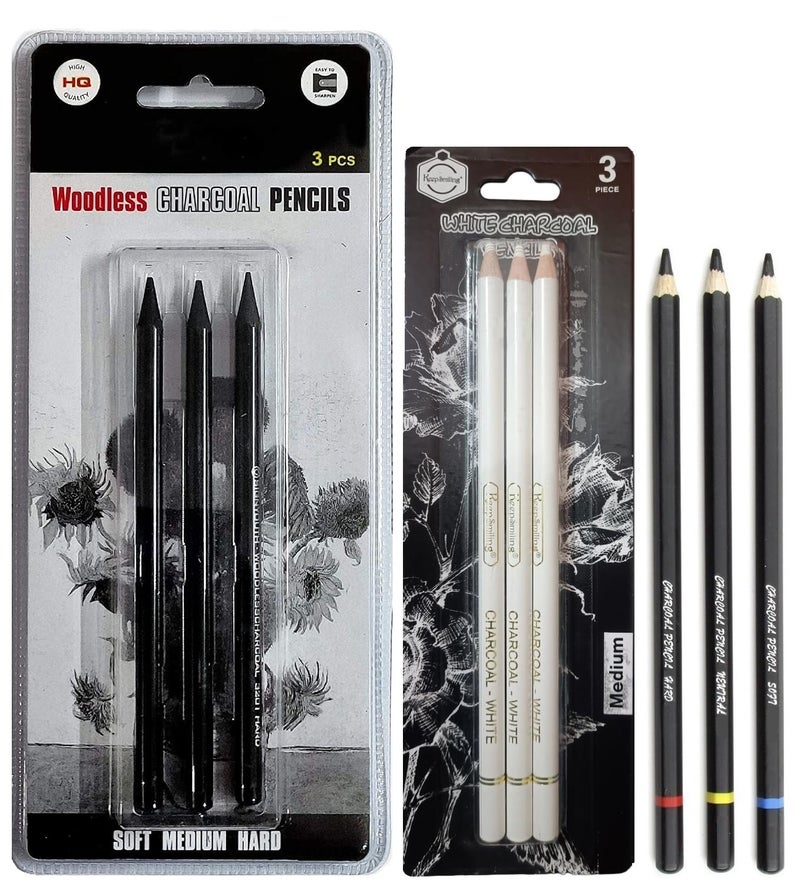 ChiggiWiggi ChiggiWiggi 3 Pcs Black Woodless Charcoal Pencils | 3 Pcs Black Charcoal Pencils Set -Soft Medium & Hard Drawing Pencils for Sketching | 3 Pcs White Medium Charcoal Pencil For Dark or Tinted Paper  - Image 1