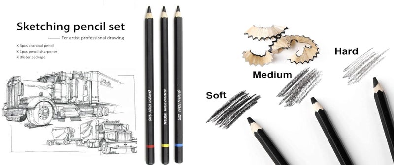 ChiggiWiggi ChiggiWiggi 3 Pcs Black Woodless Charcoal Pencils | 3 Pcs Black Charcoal Pencils Set -Soft Medium & Hard Drawing Pencils for Sketching | 3 Pcs White Medium Charcoal Pencil For Dark or Tinted Paper  - Image 3