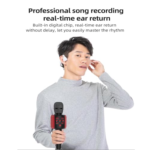 VRJTEC Wireless Karaoke Mic - Handheld & Multifunctional2 in 1 Microphone with Audio Recording, Voice Effect + USB Charging + Card Slot + Headphone Port (Black & Red - Color) - Image 3