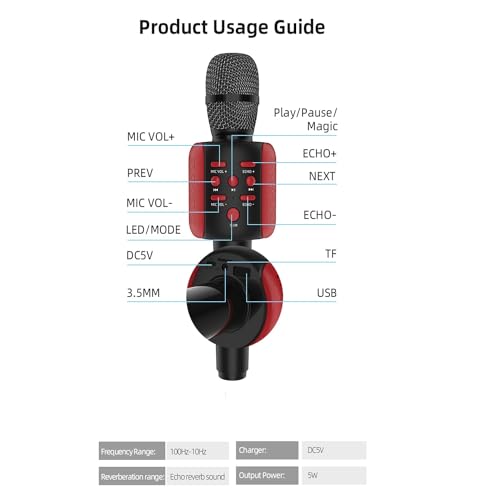 VRJTEC Wireless Karaoke Mic - Handheld & Multifunctional2 in 1 Microphone with Audio Recording, Voice Effect + USB Charging + Card Slot + Headphone Port (Black & Red - Color) - Image 4