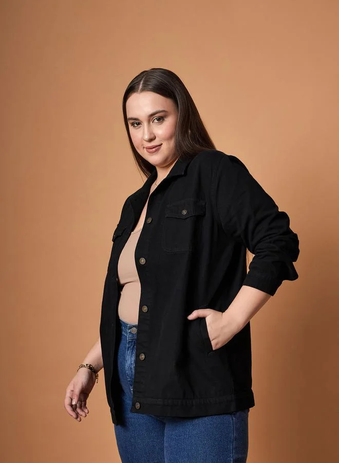 ساسافراس Plus Size Plain Denim Shacket with Pocket Detail by Styli