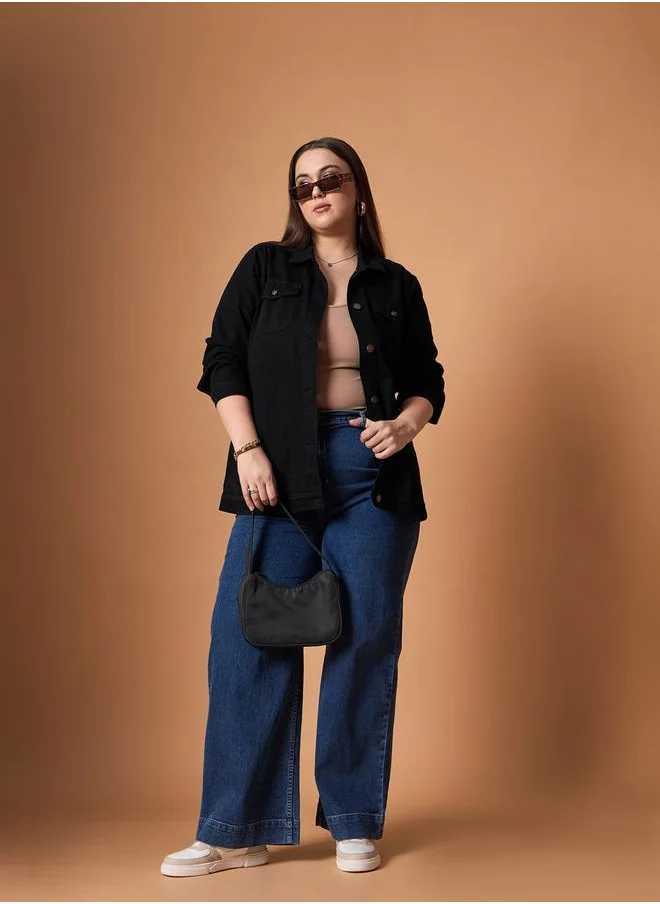 ساسافراس Plus Size Plain Denim Shacket with Pocket Detail