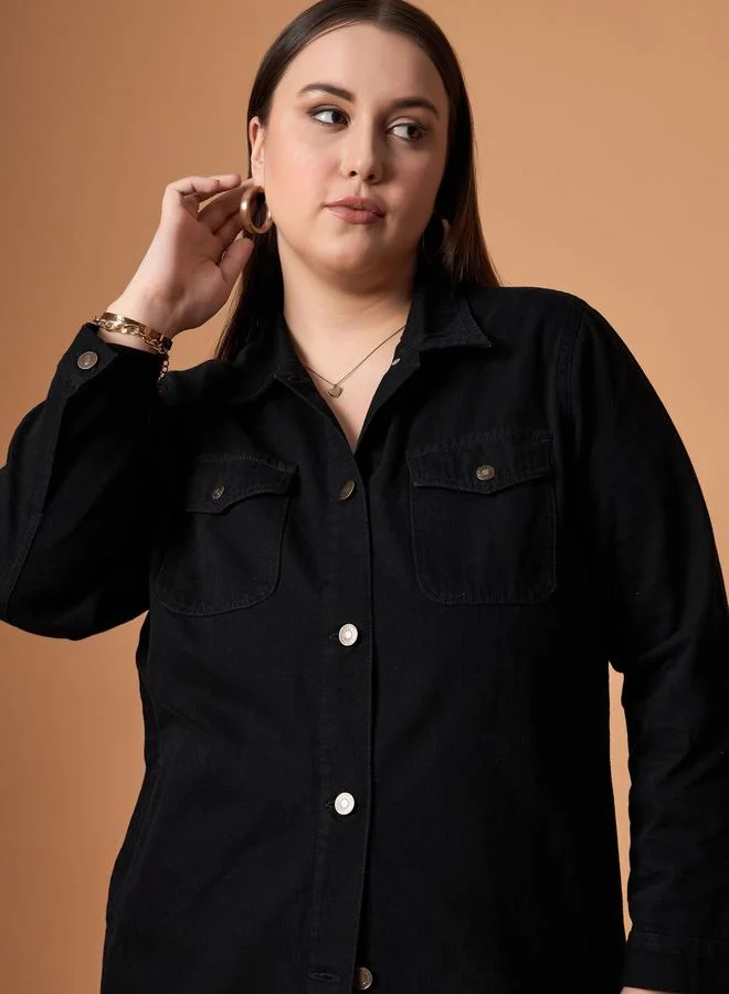 ساسافراس Plus Size Plain Denim Shacket with Pocket Detail by Styli