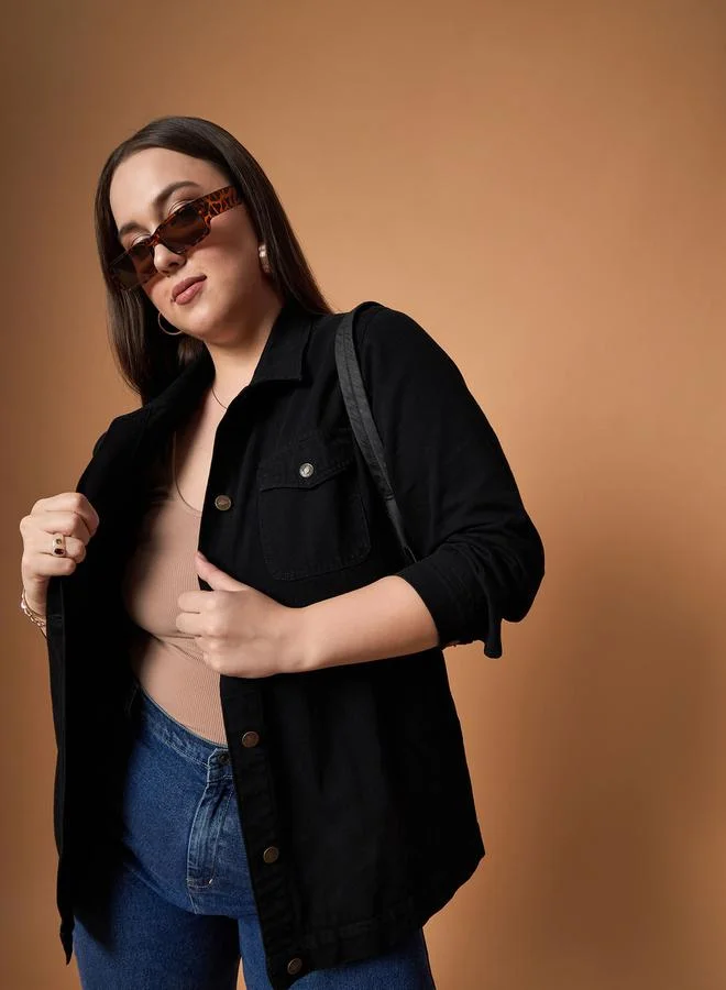 ساسافراس Plus Size Plain Denim Shacket with Pocket Detail by Styli