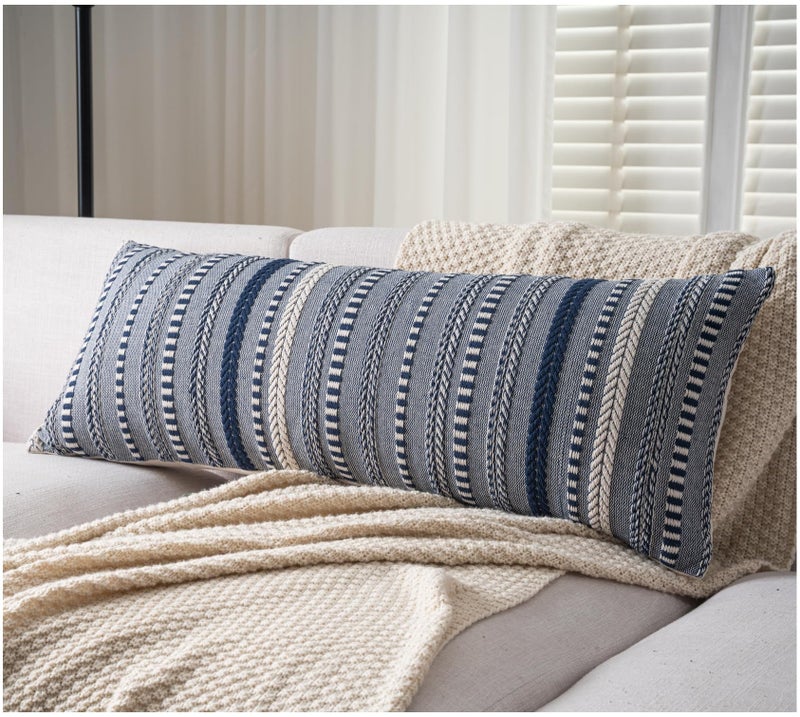 Cethom Boho Lumbar Pillow Covers 14x36 Long, Farmhouse Decorative Couch Pillow Cases, Navy Blue Accent Pillows of Bed, Sofa Bedroom Living Room Home Decor Cushion Cover, Pack of 1 - Image 1