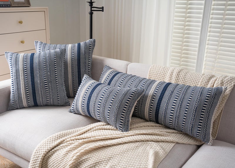 Cethom Boho Lumbar Pillow Covers 14x36 Long, Farmhouse Decorative Couch Pillow Cases, Navy Blue Accent Pillows of Bed, Sofa Bedroom Living Room Home Decor Cushion Cover, Pack of 1 - Image 4