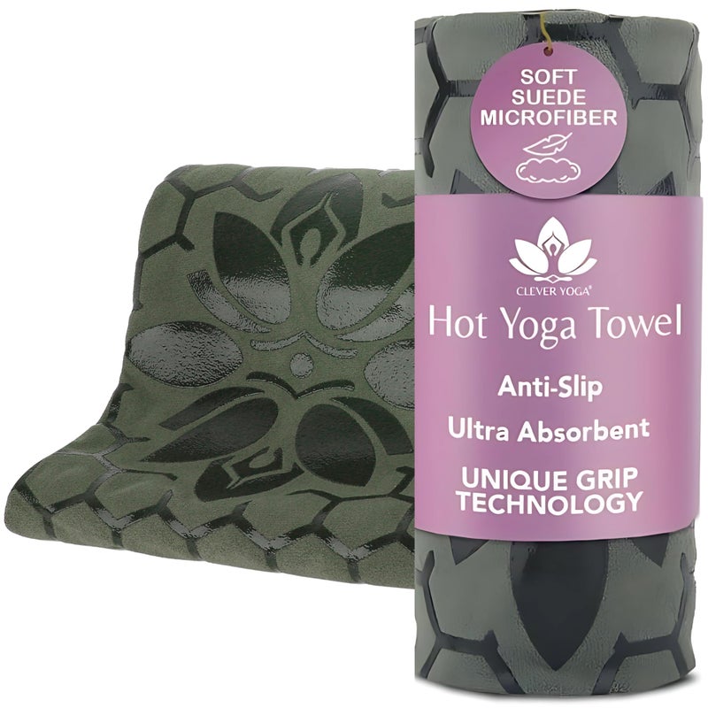Clever Yoga NonSlip Hot Yoga Towel  NonSlip Grip for Hot Yoga Sweat Absorbent Honeycomb Silicone Grip Stays Flat  Ideal for Pilates Travel Washable  Lightweight  Olive