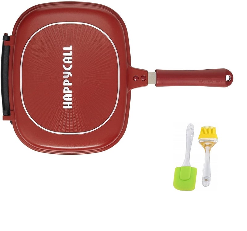 NETXE Kitchen Accessories ItemsHappy Call Double Sided Multi Purpose Nonstick Fry Pan with Strong Magnetic Handles 2 Oil Brush Gift ComboFry Pan RED Size 292 x 445 x 76 CM - Image 1