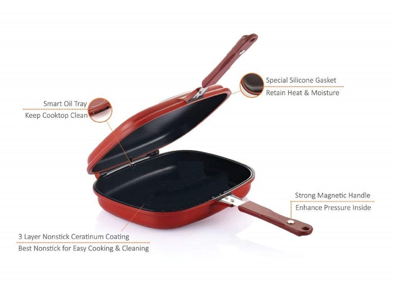 NETXE Kitchen Accessories ItemsHappy Call Double Sided Multi Purpose Nonstick Fry Pan with Strong Magnetic Handles 2 Oil Brush Gift ComboFry Pan RED Size 292 x 445 x 76 CM - Image 3
