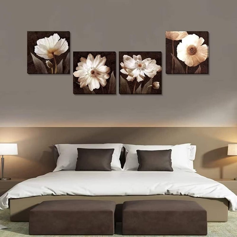 Wall HDQ Brown Wall Art Flowers Canvas Wall Decor for Living Room Bedroom Floral Abstract Painting Pictures Artwork Framed Wall Art Giclee Prints (12x12inchx4) - Image 5