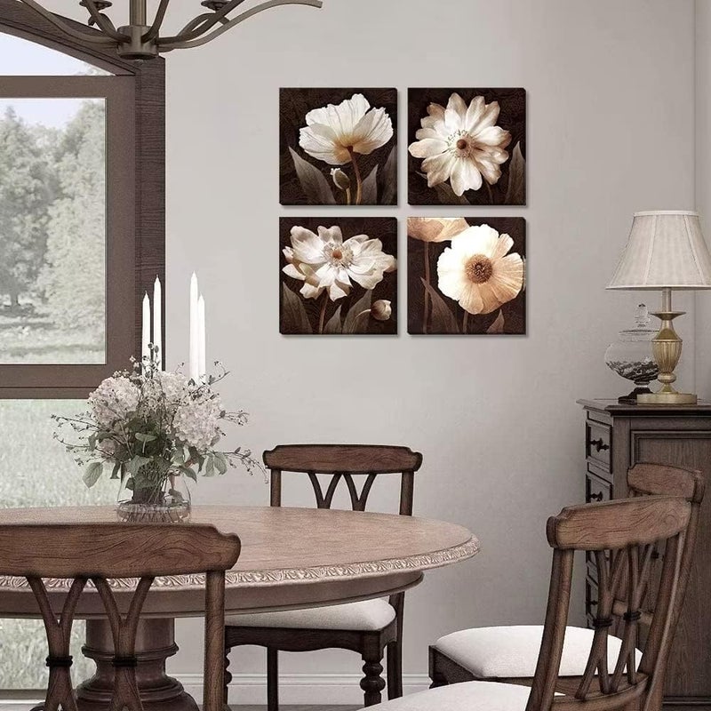 Wall HDQ Brown Wall Art Flowers Canvas Wall Decor for Living Room Bedroom Floral Abstract Painting Pictures Artwork Framed Wall Art Giclee Prints (12x12inchx4) - Image 4