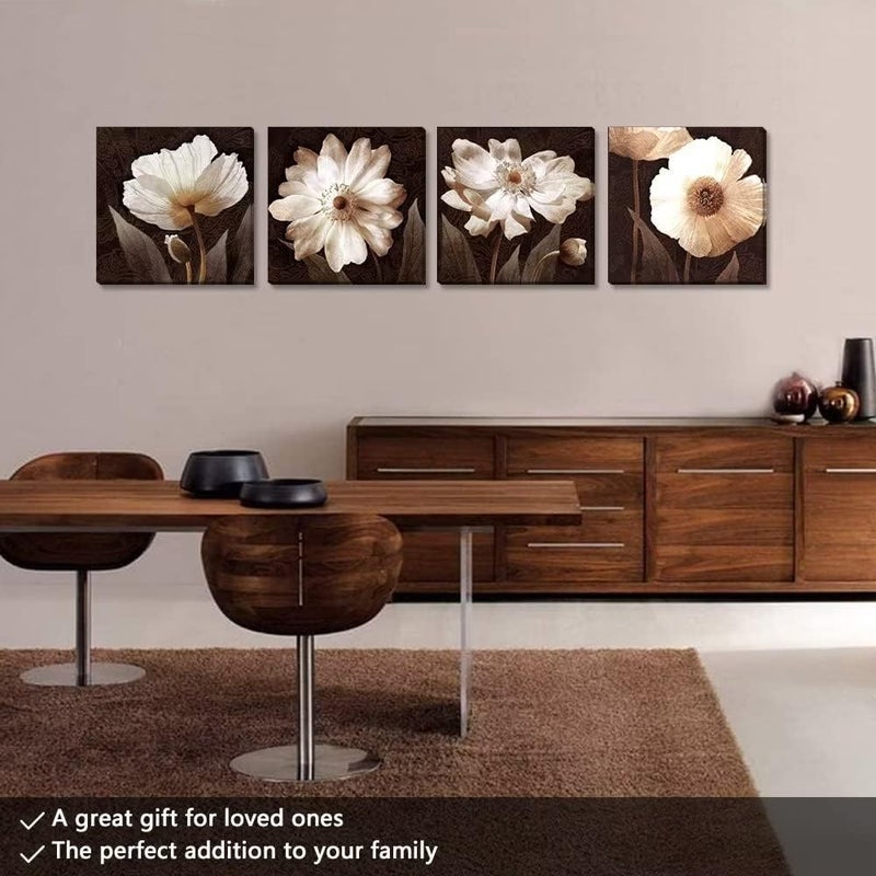 Wall HDQ Brown Wall Art Flowers Canvas Wall Decor for Living Room Bedroom Floral Abstract Painting Pictures Artwork Framed Wall Art Giclee Prints (12x12inchx4) - Image 3