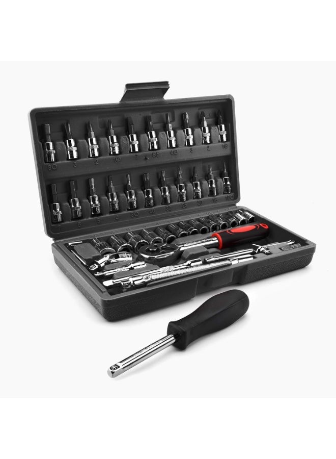 46 Piece 1/4 Inch Socket Wrench Set, Metric Tool Kit with Wrench Handle, Chrome Vanadium Ratchet Screwdriver and Socket Set for Car and Motorcycle Repair - Image 4