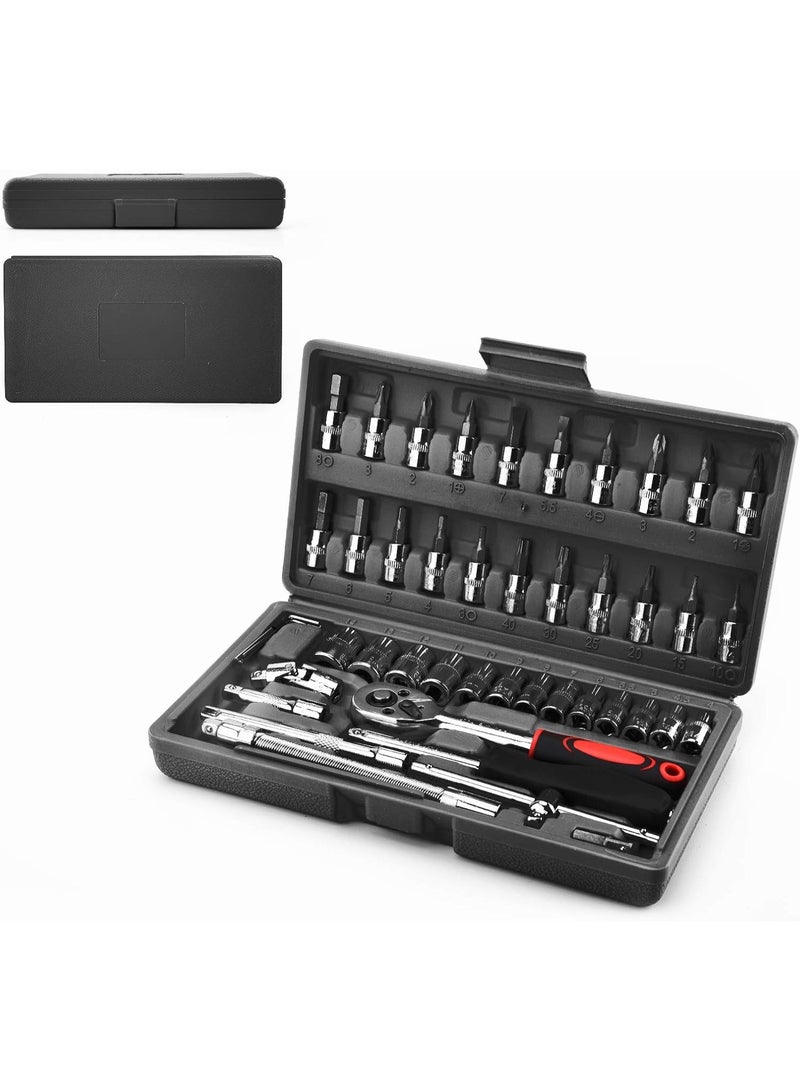 46 Piece 1/4 Inch Socket Wrench Set, Metric Tool Kit with Wrench Handle, Chrome Vanadium Ratchet Screwdriver and Socket Set for Car and Motorcycle Repair - Image 5