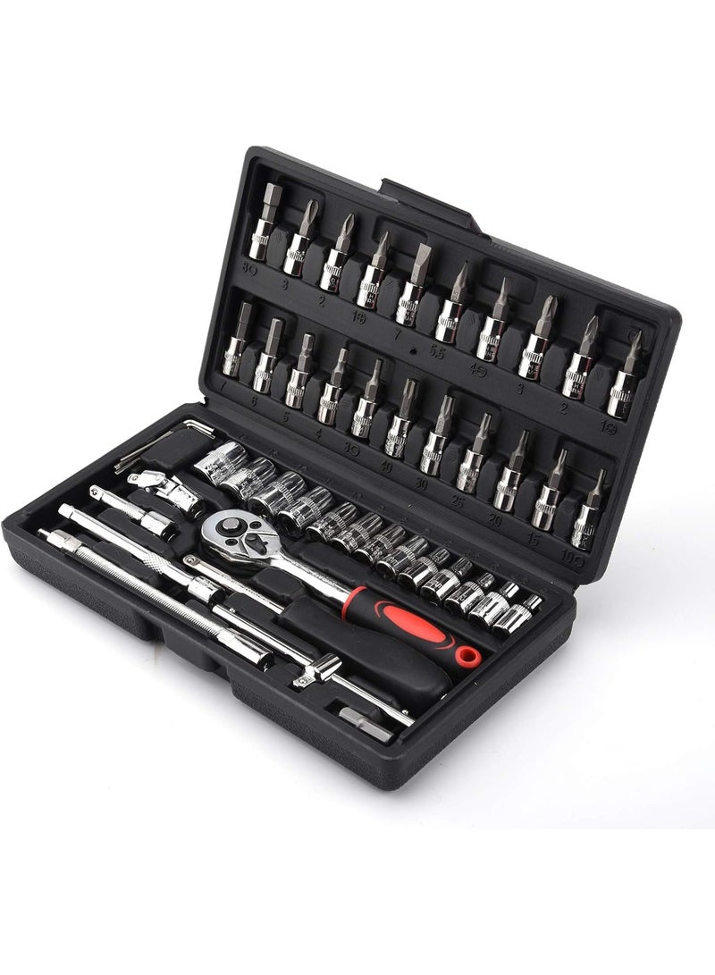 46 Piece 1/4 Inch Socket Wrench Set, Metric Tool Kit with Wrench Handle, Chrome Vanadium Ratchet Screwdriver and Socket Set for Car and Motorcycle Repair - Image 1