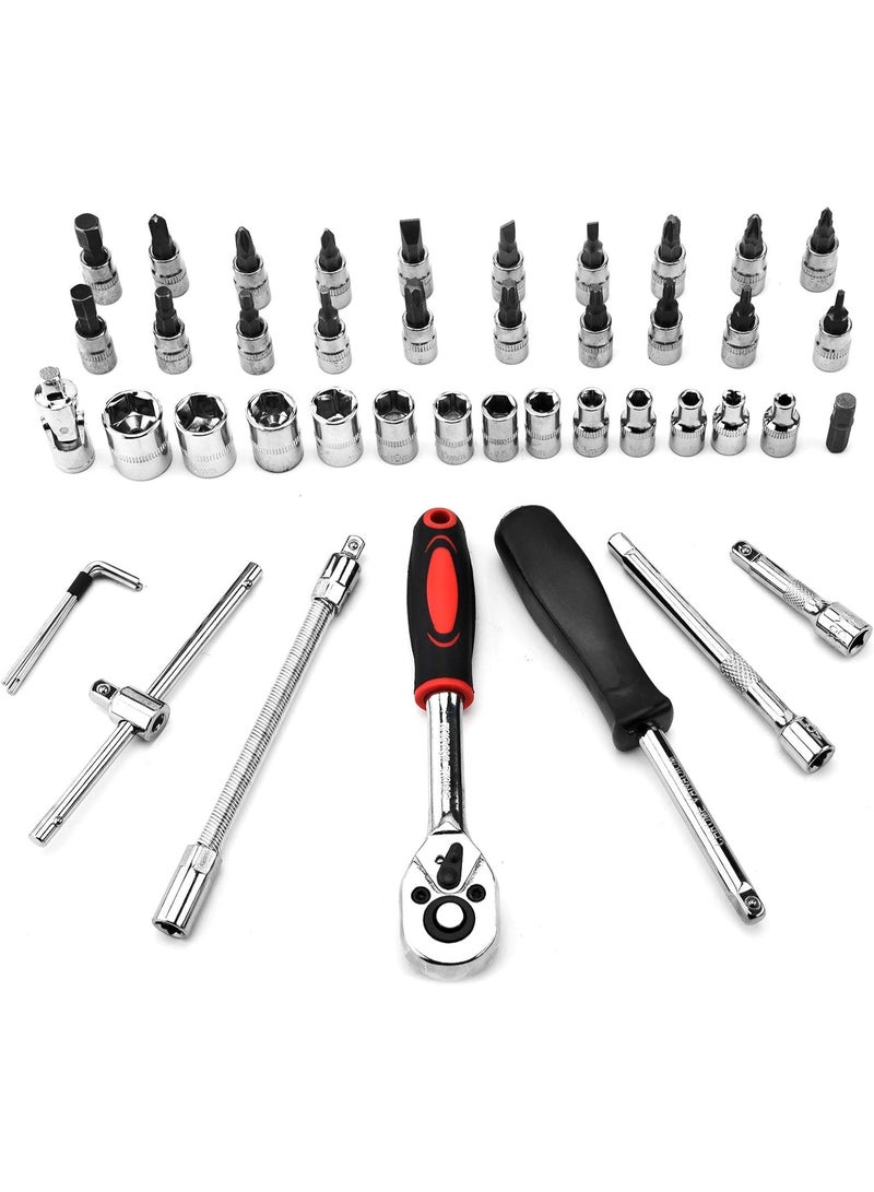 46 Piece 1/4 Inch Socket Wrench Set, Metric Tool Kit with Wrench Handle, Chrome Vanadium Ratchet Screwdriver and Socket Set for Car and Motorcycle Repair - Image 2