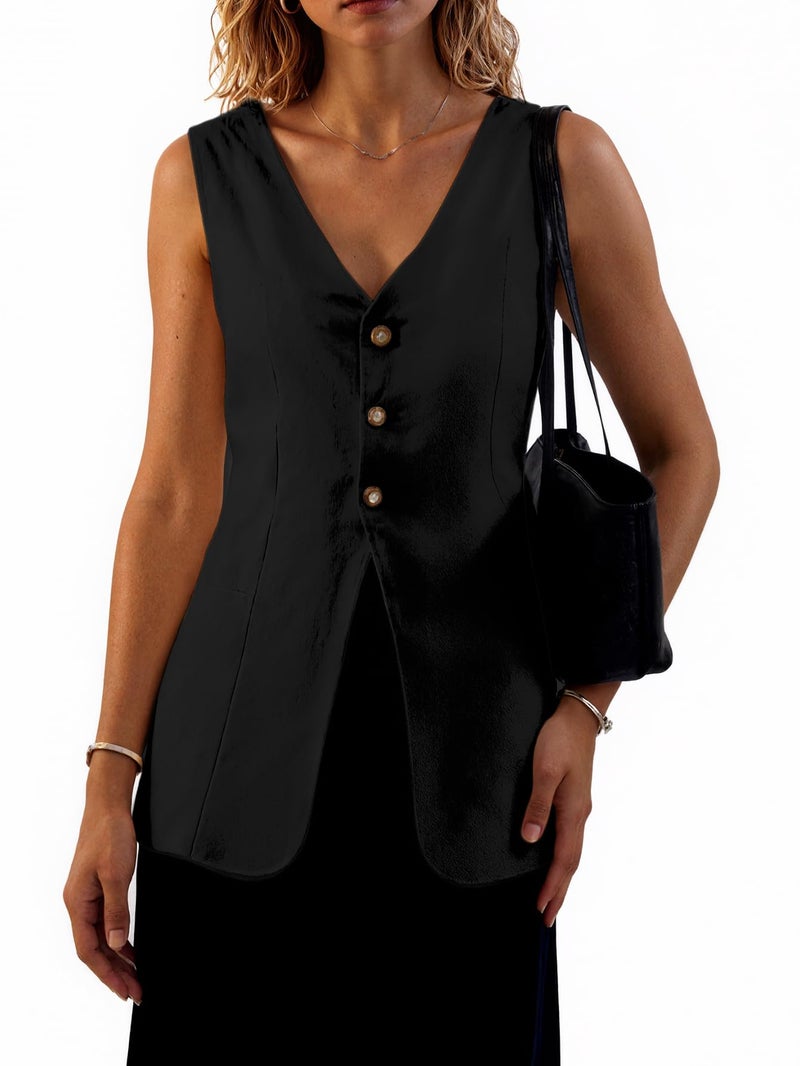 Mina Self Linen Vest Blazer Women Sleeveless Jacket Summer Tops 2024 Lightweight Light Black Business Casual Trendy Fashion Long Womens Top Suits Women's Outerwear Vests Waistcoat Blazers Jackets - Image 3