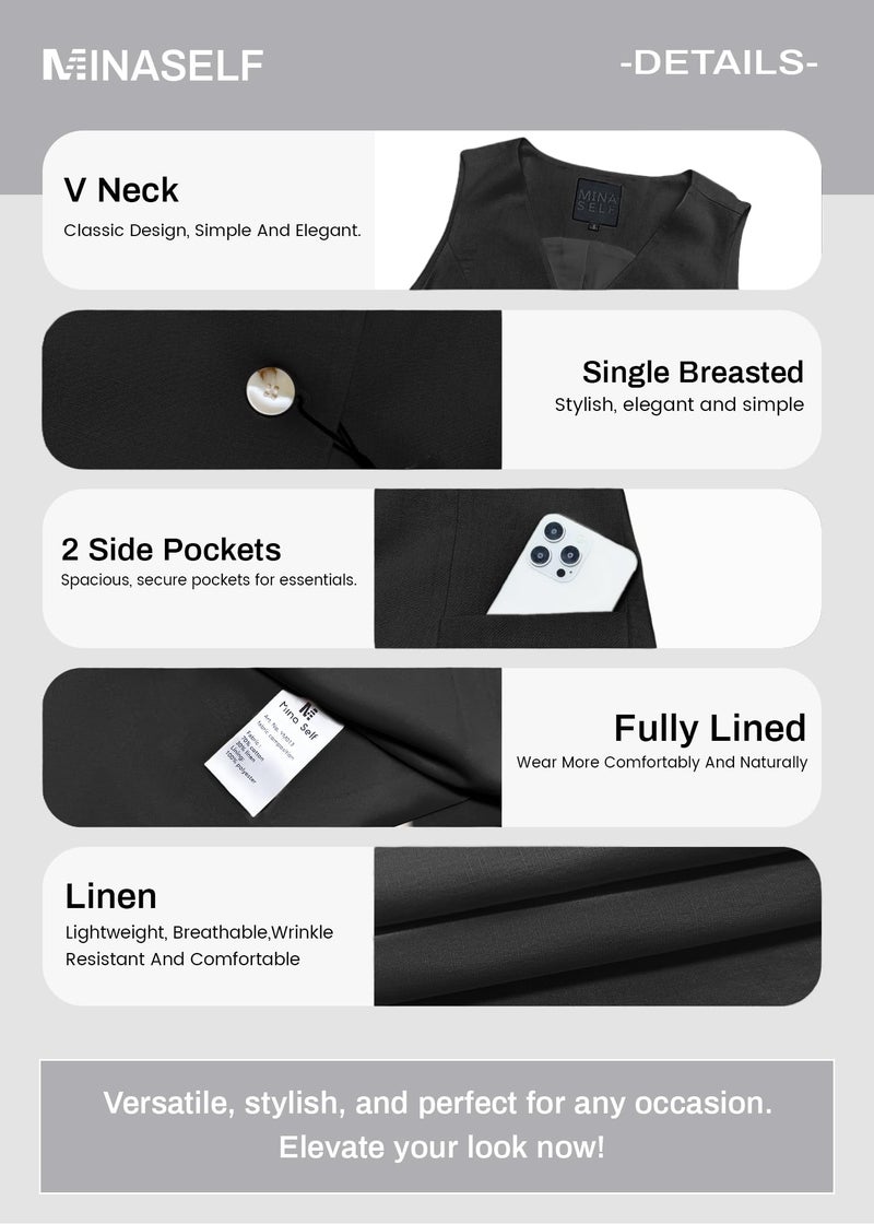 Mina Self Linen Vest Blazer Women Sleeveless Jacket Summer Tops 2024 Lightweight Light Black Business Casual Trendy Fashion Long Womens Top Suits Women's Outerwear Vests Waistcoat Blazers Jackets - Image 4