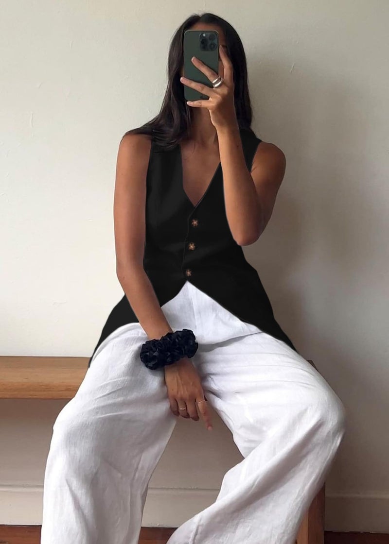 Mina Self Linen Vest Blazer Women Sleeveless Jacket Summer Tops 2024 Lightweight Light Black Business Casual Trendy Fashion Long Womens Top Suits Women's Outerwear Vests Waistcoat Blazers Jackets - Image 5