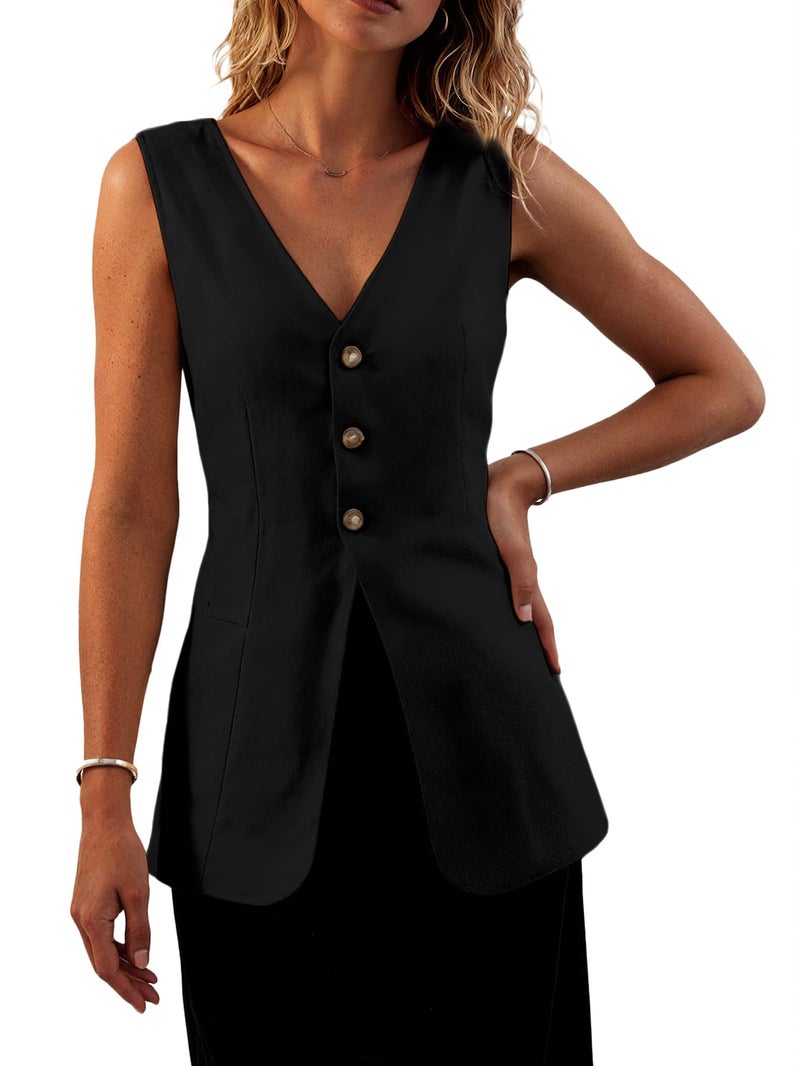 Mina Self Linen Vest Blazer Women Sleeveless Jacket Summer Tops 2024 Lightweight Light Black Business Casual Trendy Fashion Long Womens Top Suits Women's Outerwear Vests Waistcoat Blazers Jackets - Image 2