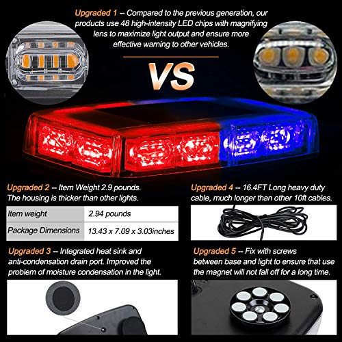 ASPL 48LED Roof Top Strobe Lights, High Visibility Emergency Safety Warning LED Mini Strobe Light bar with Magnetic Base for 12-24V Snow Plow, Trucks, Construction Vehicles (Red/Blue) - Image 2