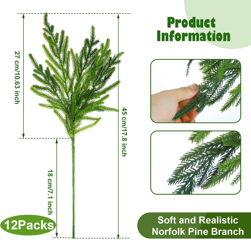 Jutom Christmas Norfolk Pine Branches, Artificial Norfolk Branch Faux Plants Greenery Stem Pine Picks for Christmas Vase DIY Crafts Centerpiece Garland Wreath Home Decor (12 Pcs,18 Inches) - Image 2