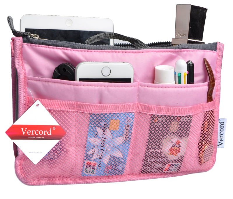 Vercord Purse Organizer Insert for Handbags Bag Organizers Inside Tote Pocketbook Women Nurse Nylon 13 Pockets Pink Small - Image 1
