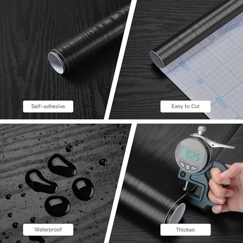 Micpolo Peel and Stick Wallpaper Wood Contact Paper Black Wood Grain Wall Paper Thicken Textured Waterproof Easy to Clean Decorative Self-Adhesive Film for Cabinets and Drawers Surfaces 17.5In X 118In - Image 3