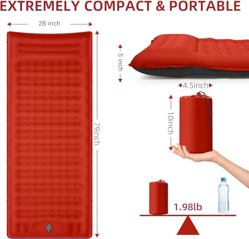 FNARMW Camping Sleeping Pad Extra Thick 5 Inch Camping Mat with Pillow Builtin Foot Pump Inflatable Sleeping Pads Compact for Camping Backpacking Hiking Traveling TentOrangeBlack - Image 3