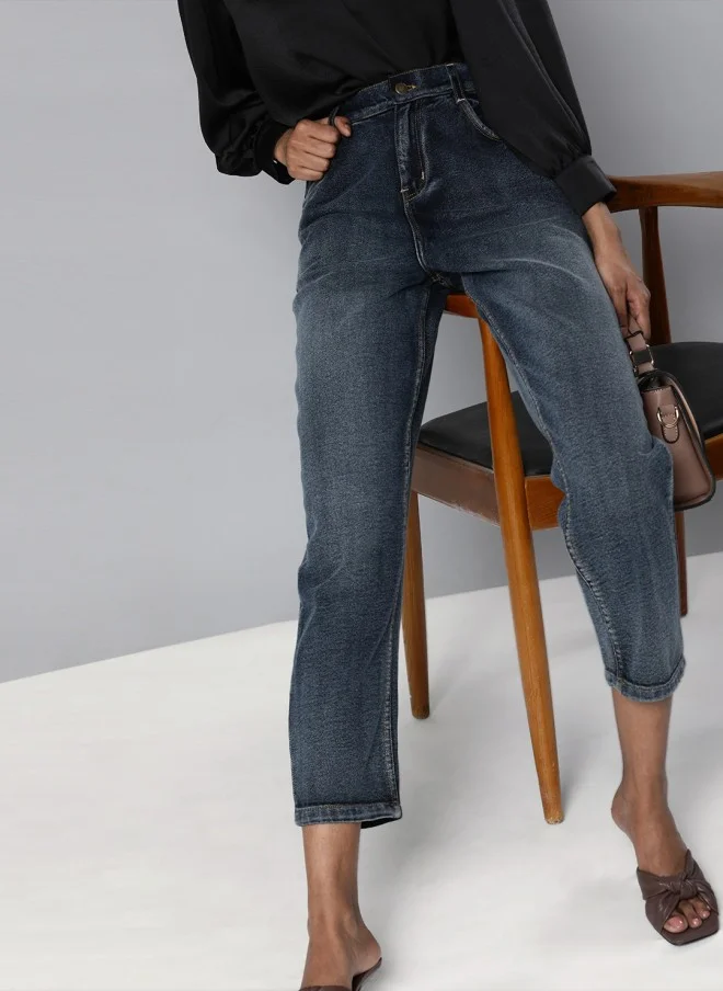 Navy Blue High-Rise Cropped Jeans for Women