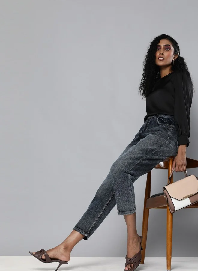 SASSAFRAS Navy Blue High-Rise Cropped Jeans for Women