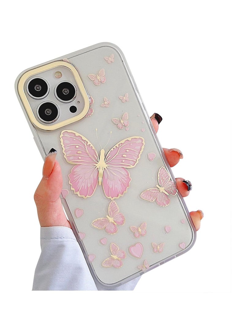 Glitter Clear Case iPhone 15 Pro Max Women's Girl Case with Gold erfly, Cute Heart Shaped Pattern, Slim Hard Case - Image 1