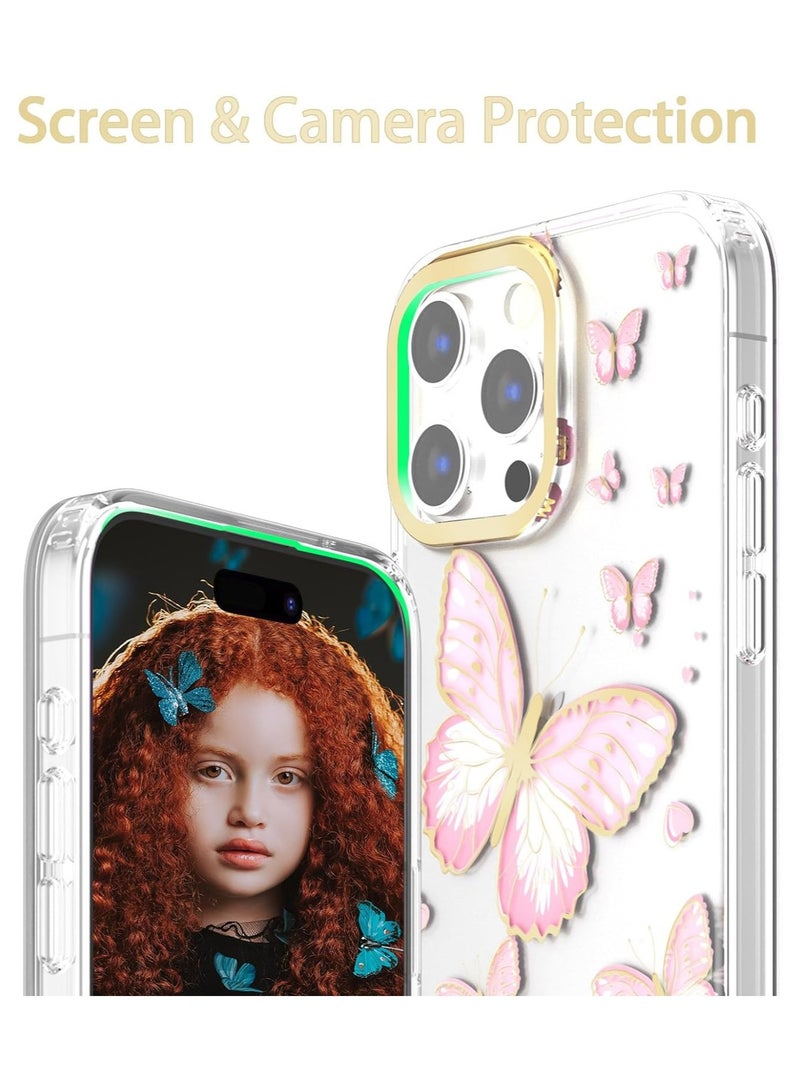 Glitter Clear Case iPhone 15 Pro Max Women's Girl Case with Gold erfly, Cute Heart Shaped Pattern, Slim Hard Case - Image 2