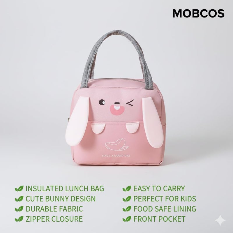 موبكوس حقيبة غداء معزولة كبيرة السعة من موبكوس بتصميم أذن الباندا باللون الوردي | حقيبة طعام مقاومة للماء والبقع مع خاصية الحفاظ على درجة الحرارة | حقيبة غداء متينة من البوليستر للمكتب والمدرسة - Image 2