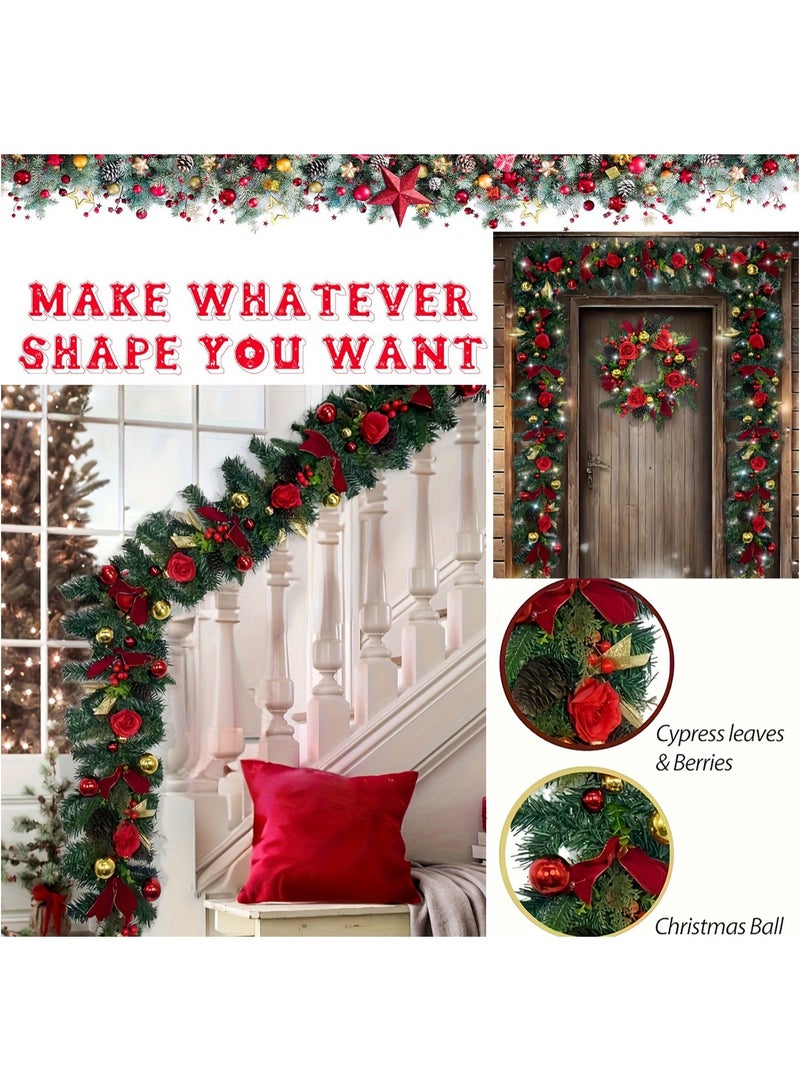 تابيت إكليل عيد الميلاد، إكليل عيد الميلاد الاصطناعي مقاس 59 بوصة مع ورود حمراء، وأقواس، وكرات، وأوراق السرو والتوت للسلالم، والمدفأة، والباب، وديكور عيد الميلاد - Image 2