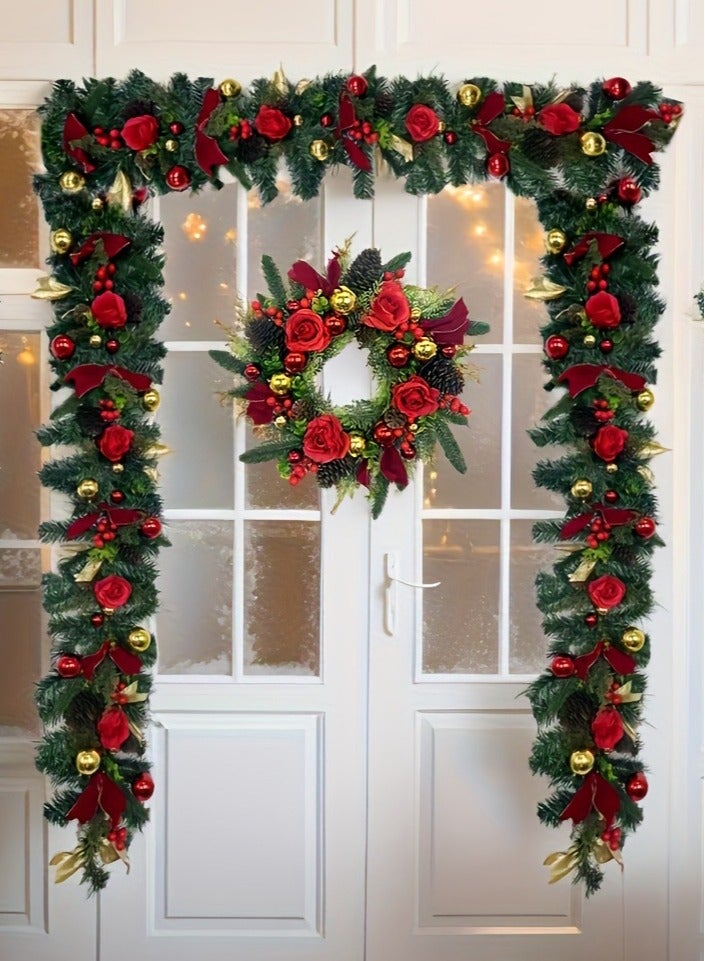 تابيت إكليل عيد الميلاد، إكليل عيد الميلاد الاصطناعي مقاس 59 بوصة مع ورود حمراء، وأقواس، وكرات، وأوراق السرو والتوت للسلالم، والمدفأة، والباب، وديكور عيد الميلاد - Image 4