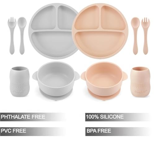 PandaEar Silicone Baby Feeding Set 2 Divided Suction Plate 2 Suction Bowl 2 Tiny Cup with 2 Spoons Baby Led Weaning Supplies Self Feeding Utensils Pink Gray - Image 3
