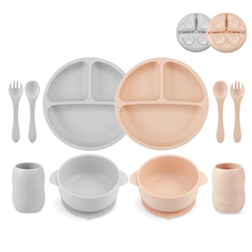 PandaEar Silicone Baby Feeding Set 2 Divided Suction Plate 2 Suction Bowl 2 Tiny Cup with 2 Spoons Baby Led Weaning Supplies Self Feeding Utensils Pink Gray - Image 1
