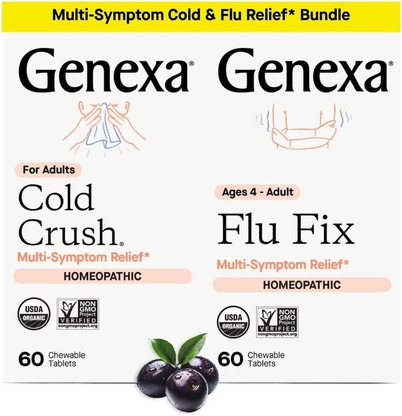 Genexa Cold Crush  Flu Fix Bundle  MultiSymptom Cold  Flu Relief for Families  Certified Organic  NonGMO  Homeopathic Remedy Made Clean  Organic Acai Berry Flavor  60 Chewable Tablets  Age - Image 1