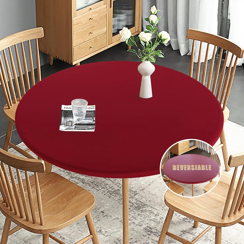 Obstal Fitted Round Red Table Cloth, Reversible Waterproof Stain Resistant Elastic Stretch Tablecloth, Wipe Clean Table Cover for Outdoor/Indoor Use, Fits Round Tables up to 48" - 56" Diameter - Image 1