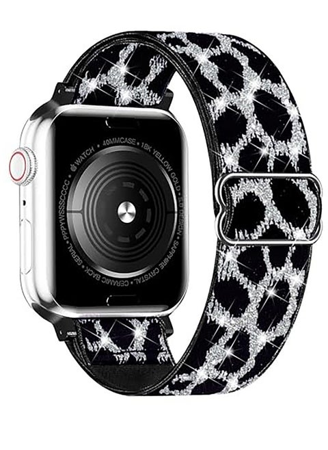 Nylon Solo Loop Stretchy Straps For Apple Watch Band 41mm 40mm 38mm, Elastic Wristbands Strap for iwatch Series 9 8 7 6 5 4 3 2 1 SE 2 SE Shiny Silver Leopard