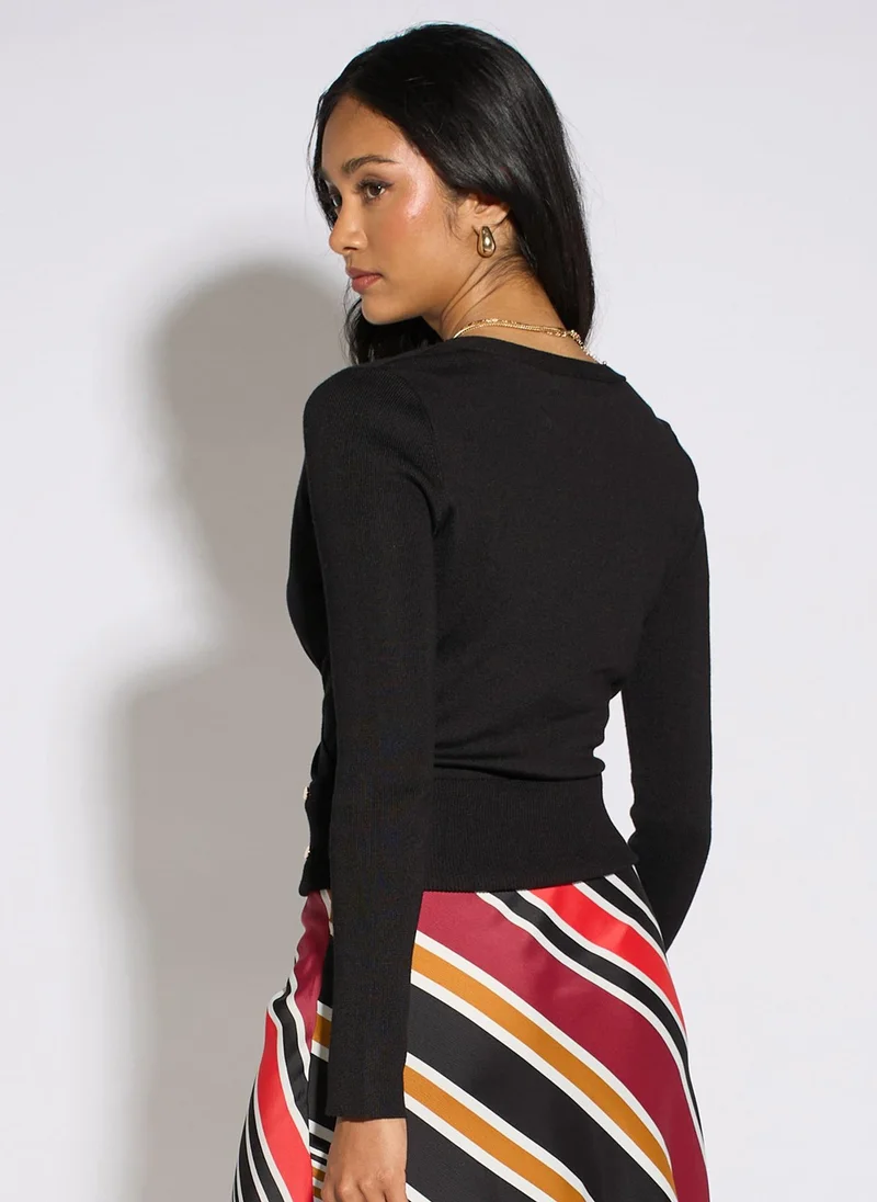Gini London Black Long Sleeve Wrap Front Gold Button Top